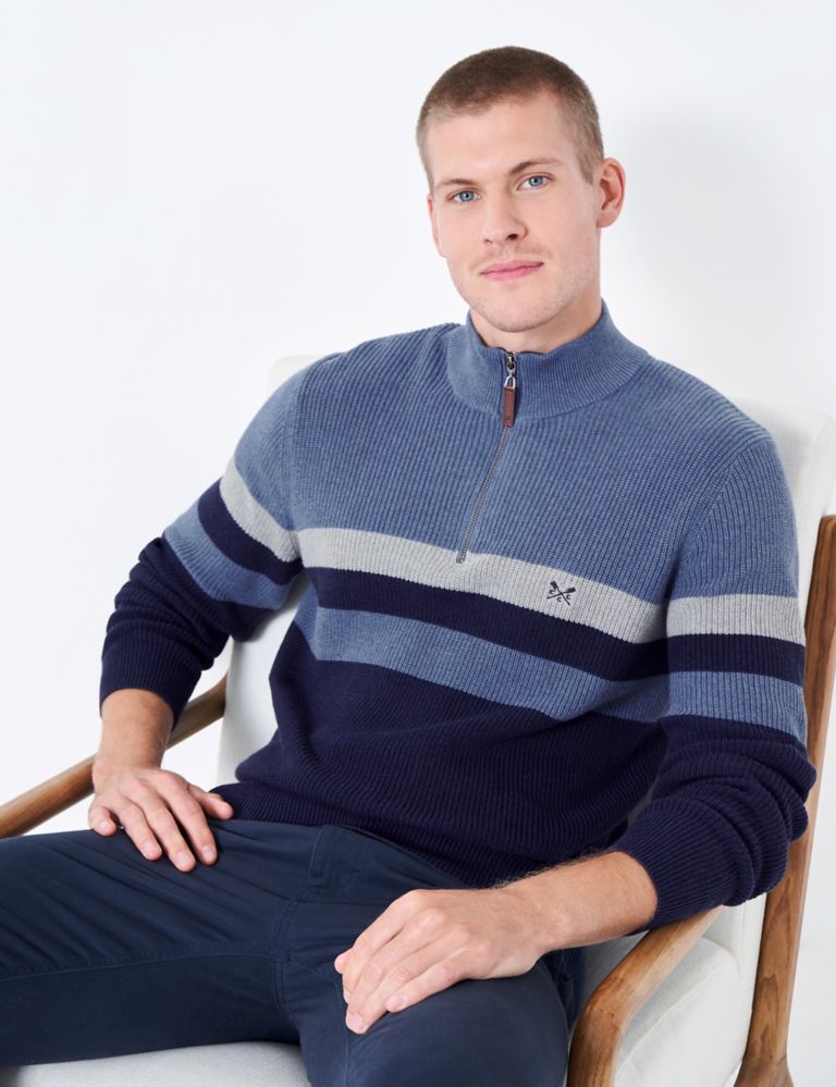 Pure Cotton Striped Ribbed Half Zip Jumper 5 of 5