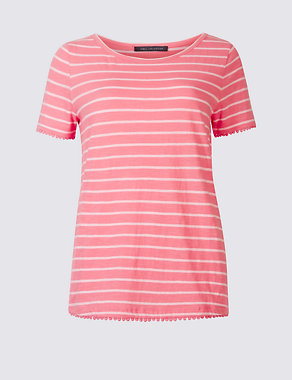 Pure Cotton Striped Scallop Trim T-Shirt Image 2 of 4