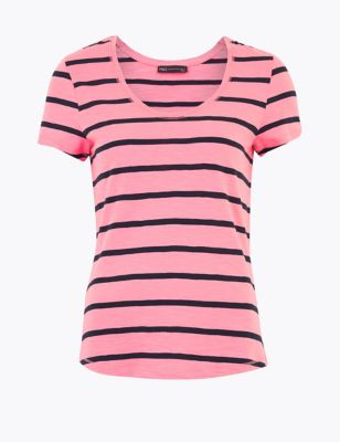 Pure Cotton Striped Scoop Neck T-Shirt Image 2 of 4