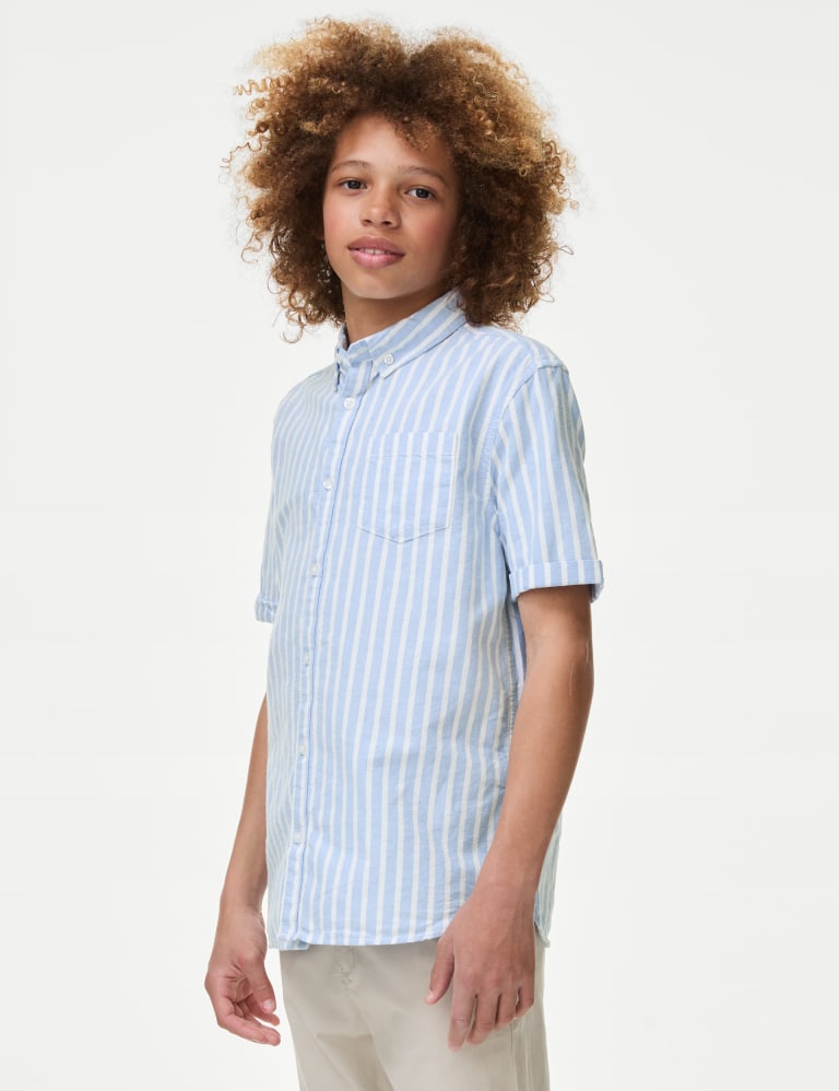 blue and white horizontal striped shirt
