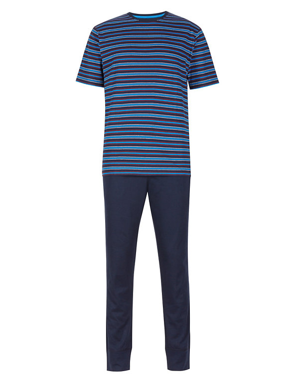 Pure Cotton Striped Short Sleeve T-Shirt & Joggers Set Image 1 of 2