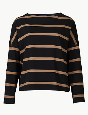 Pure Cotton Striped Slash Neck Sweatshirt Image 2 of 4