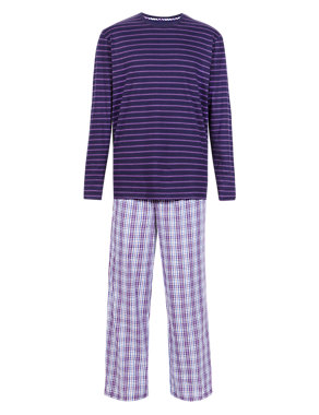 Pure Cotton Striped T-Shirt & Checked Trousers Set Image 2 of 4