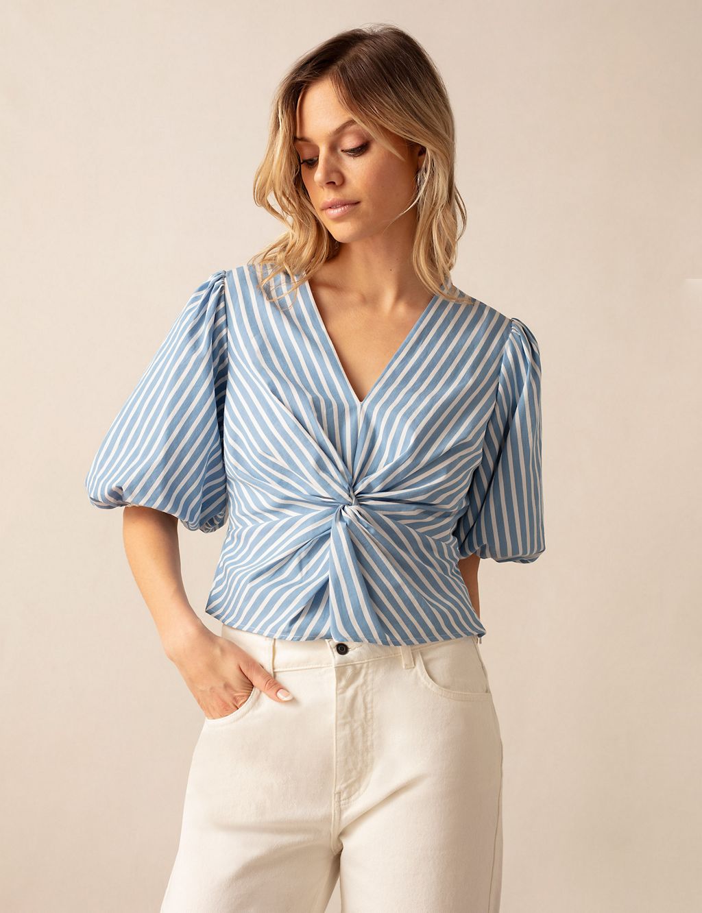 Pure Cotton Striped Twist Front Blouse 3 of 5