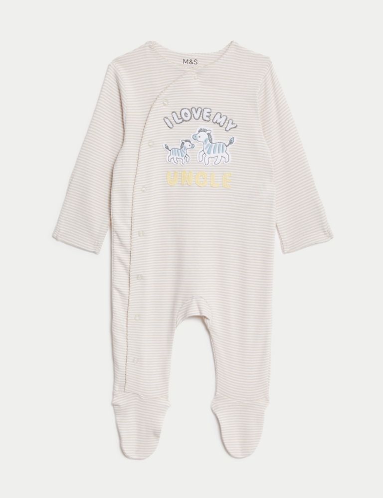 Pure Cotton Striped Uncle Slogan Sleepsuit (7lbs-9 Mths) 2 of 5