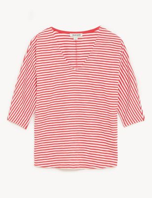 Pure Cotton Striped V-Neck Short Sleeve Top Image 2 of 6