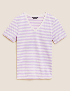 Pure Cotton Striped V-Neck T-Shirt Image 2 of 5