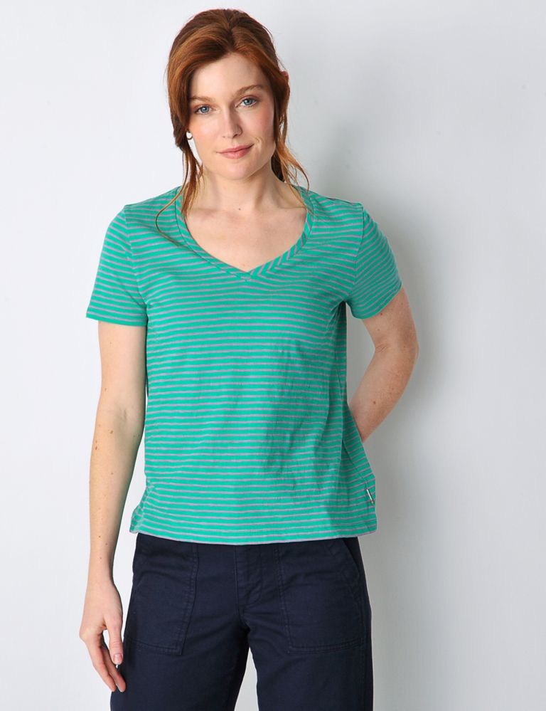 Pure Cotton Striped V-Neck T-Shirt 1 of 5
