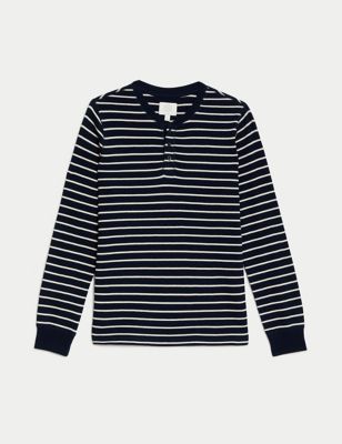 Pure Cotton Striped Waffle Henley T Shirt Image 2 of 5