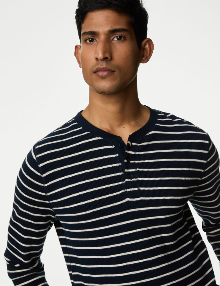 Pure Cotton Striped Waffle Henley T Shirt 4 of 5