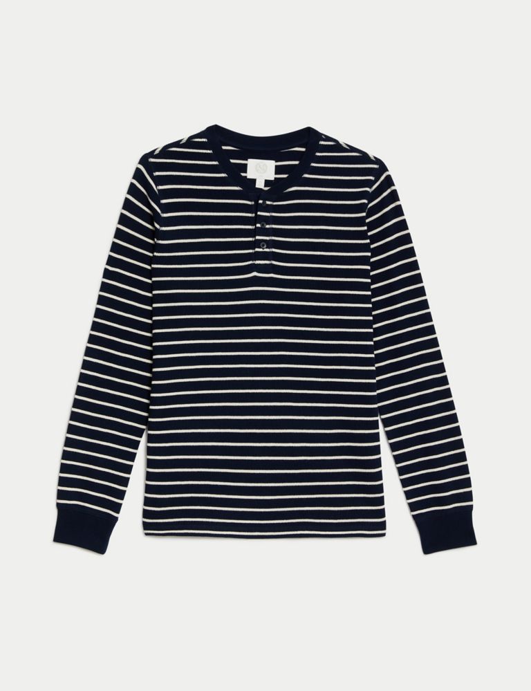 Pure Cotton Striped Waffle Henley T Shirt 2 of 5