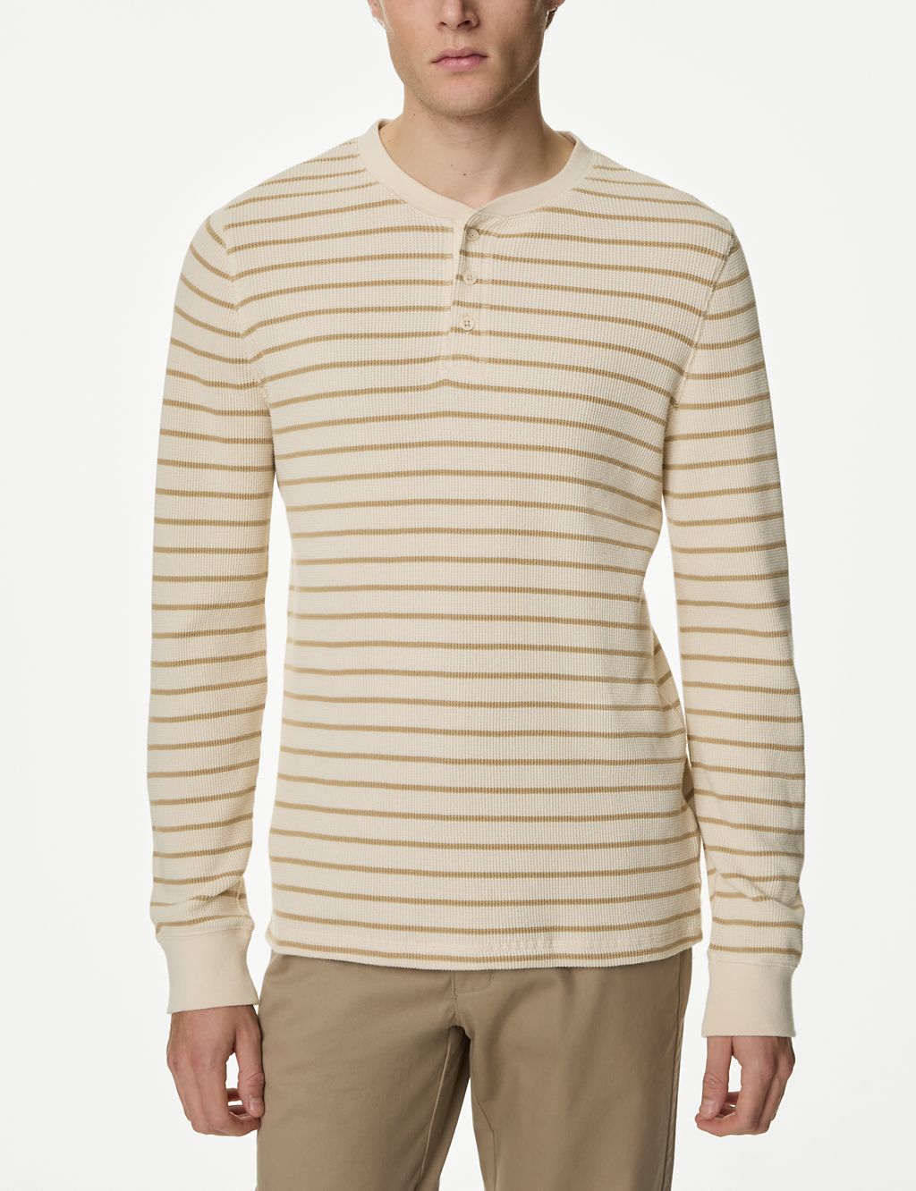 Pure Cotton Striped Waffle Henley T Shirt 3 of 5