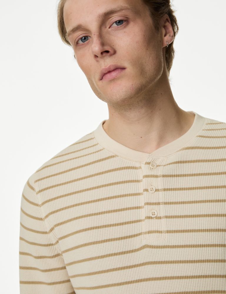 Pure Cotton Striped Waffle Henley T Shirt 3 of 5