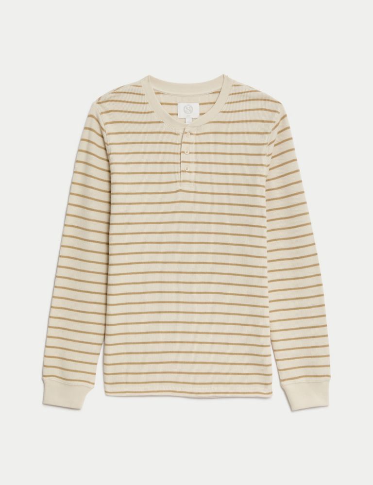 Pure Cotton Striped Waffle Henley T Shirt 2 of 5