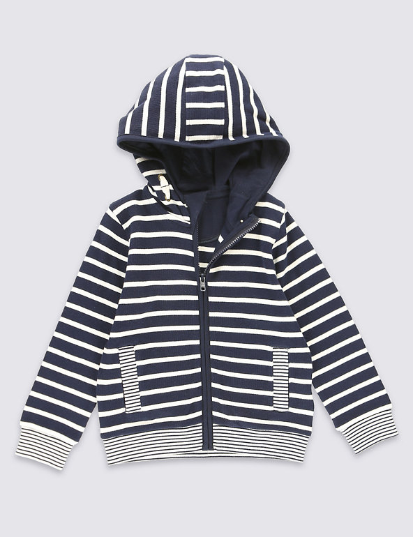 Pure Cotton Striped Zipped Through Hooded Top (1-7 Years) Image 1 of 2