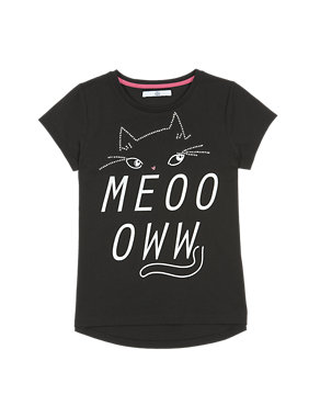 Pure Cotton Stud Embellished Meoooww T-Shirt (5-14 Years) Image 2 of 3