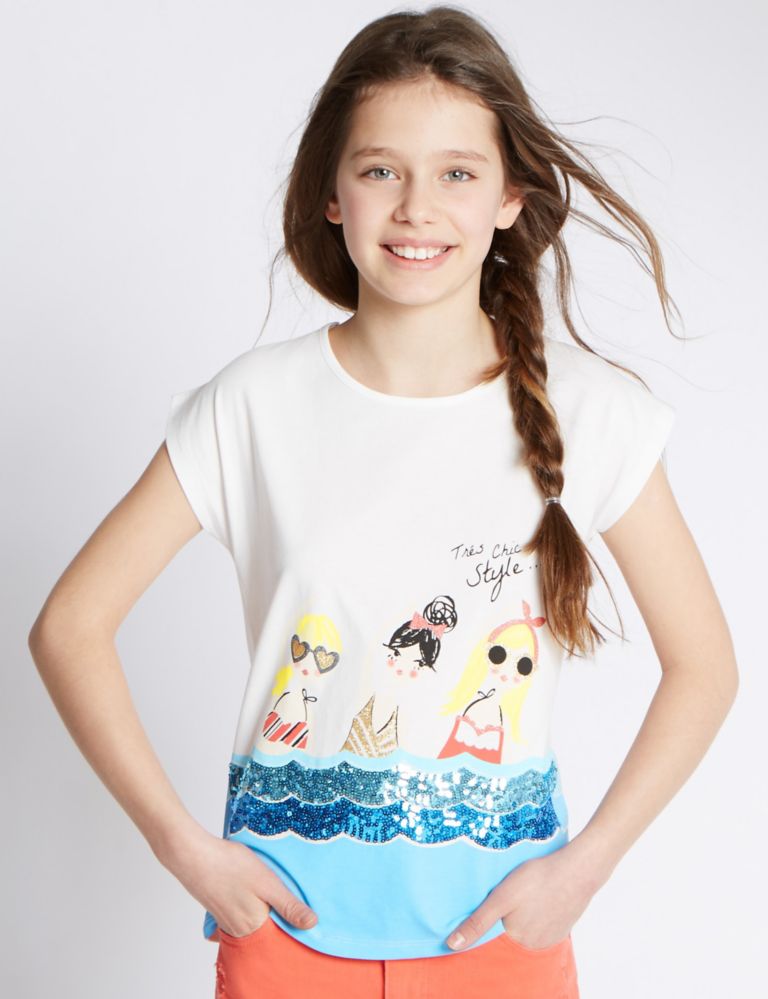 Pure Cotton Swimming Girls Print T-Shirt (5-14 Years) 1 of 3