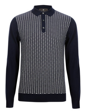 Pure Cotton Tailored Fit Geometric Basket Weave Knitted Polo Shirt Image 2 of 4