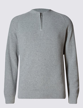 Pure Cotton Tailored Fit Half Zip Baseball Jumper Image 2 of 3
