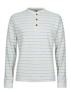 Pure Cotton Tailored Fit Henley Neck Striped T-Shirt Image 2 of 3