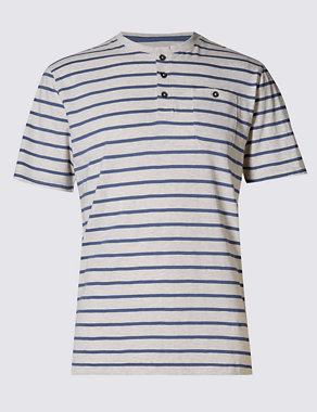 Pure Cotton Tailored Fit Henley Neck Striped T-Shirt Image 2 of 3