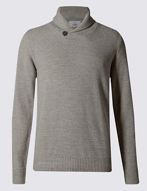 Pure Cotton Tailored Fit Shawl Neck Textured Jumper Image 2 of 3
