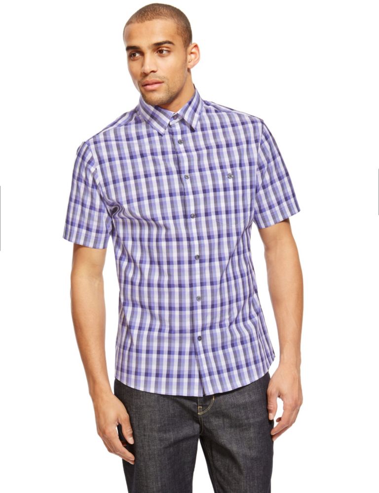 Pure Cotton Tailored Fit Short Sleeve Checked Shirt 1 of 3