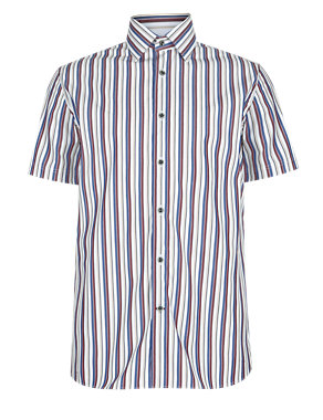 Pure Cotton Tailored Fit Short Sleeve Varied Striped Shirt. Image 2 of 3