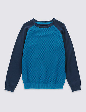 Pure Cotton Textured Crew Neck Jumper (5-14 Years) Image 2 of 3
