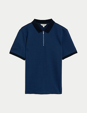 Pure Cotton Textured Half Zip Polo Shirt Image 2 of 6