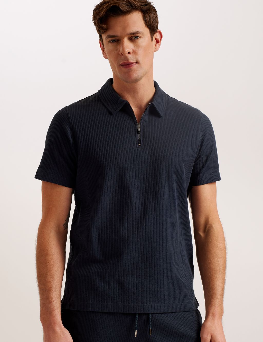 Pure Cotton Textured Half Zip Polo Shirt 1 of 3