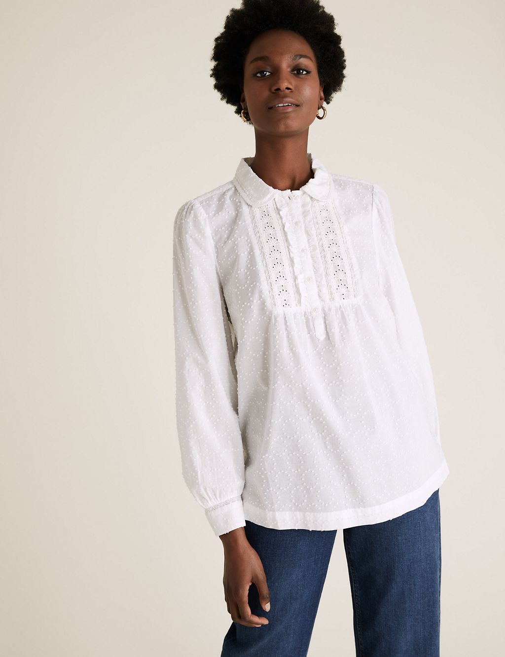 Pure Cotton Textured Lace Insert Blouse 2 of 5