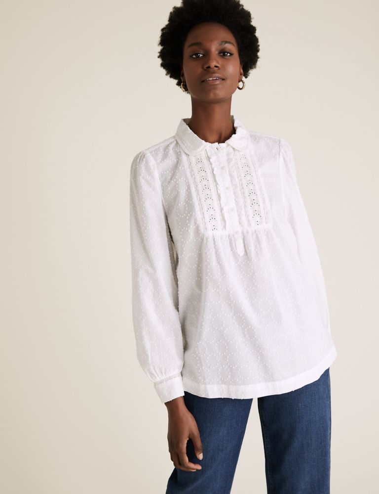 Pure Cotton Textured Lace Insert Blouse 3 of 5