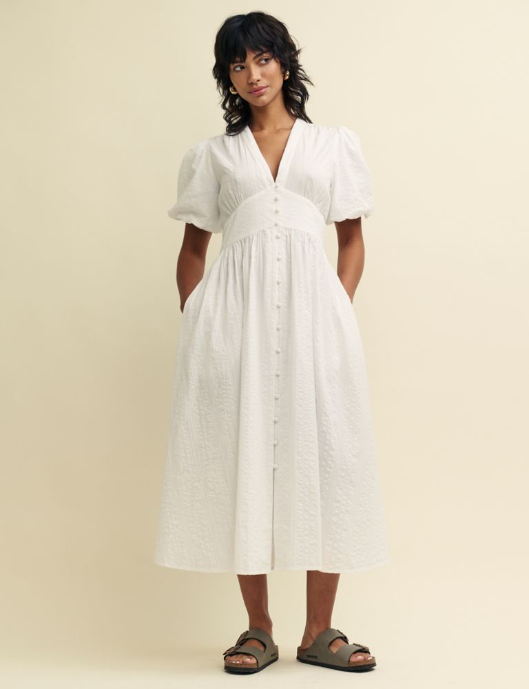 Pure Cotton Textured Midaxi Waisted Dress 1 of 5