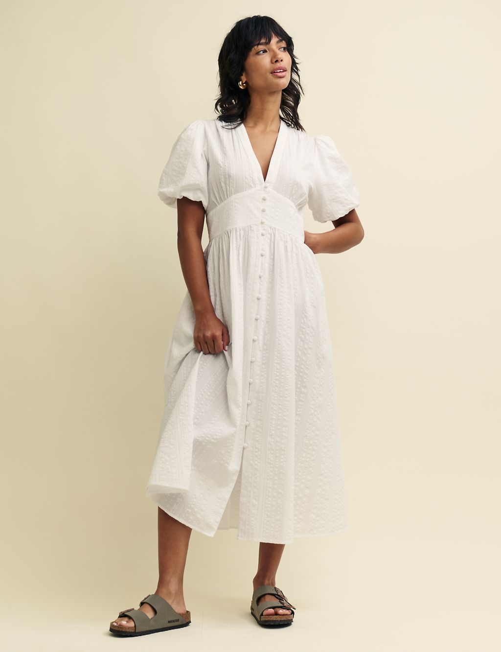 Pure Cotton Textured Midaxi Waisted Dress 1 of 5