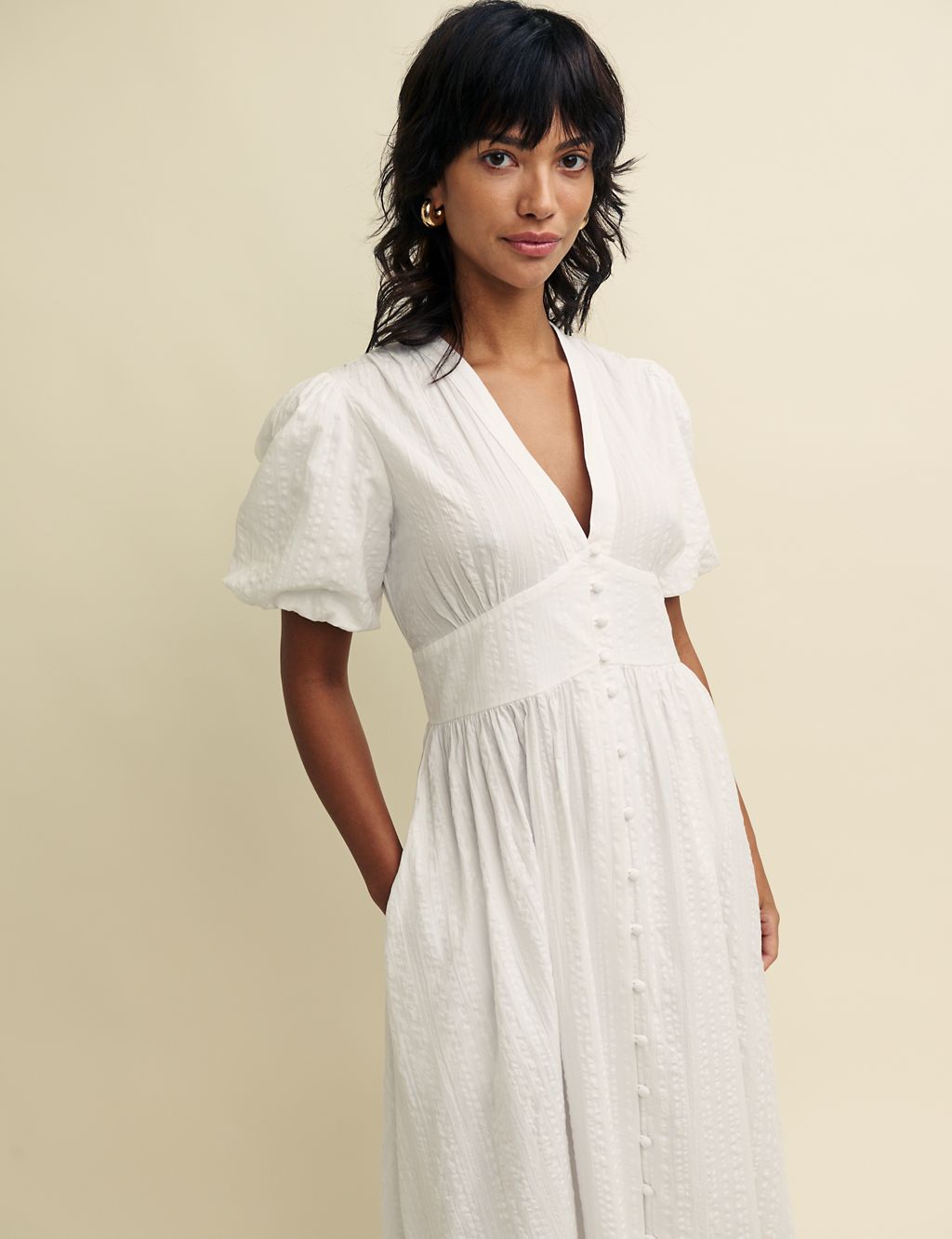Pure Cotton Textured Midaxi Waisted Dress 2 of 5