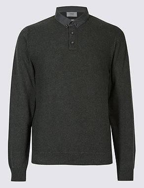 Pure Cotton Textured Mock Shirt Jumper Image 2 of 5