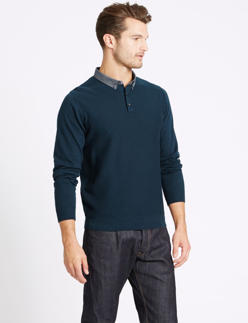 Pure Cotton Textured Mock Shirt Jumper | M&S Collection | M&S