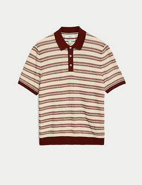 Pure Cotton Textured Striped Knitted Polo Shirt Image 2 of 5