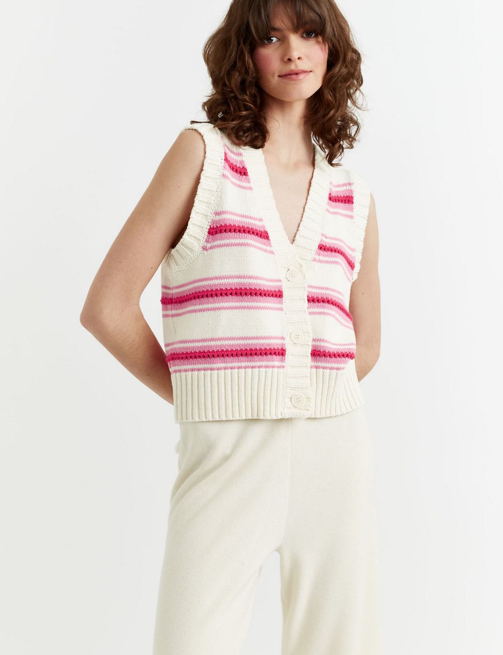 Pure Cotton Textured Striped Knitted Vest 2 of 5