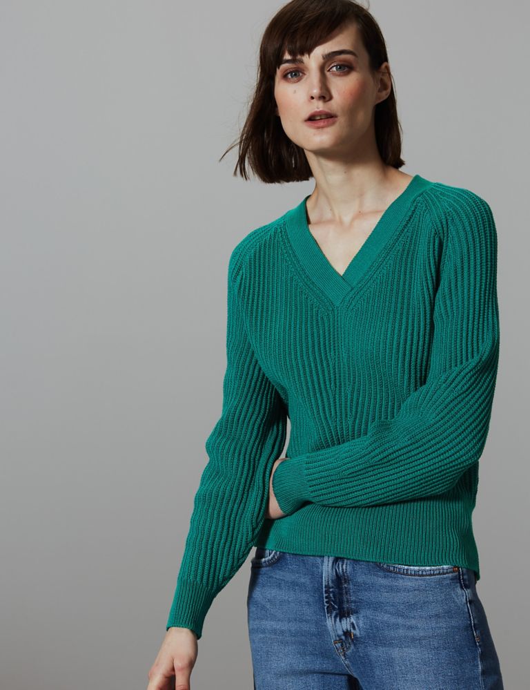 Pure Cotton Textured V-Neck Jumper 1 of 4