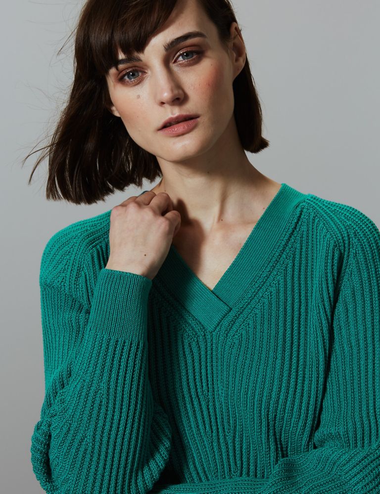 Pure Cotton Textured V-Neck Jumper 3 of 4