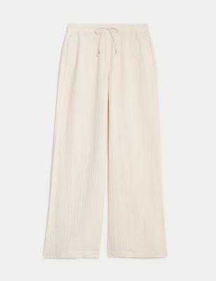 Pure Cotton Textured Wide Leg Trousers Image 2 of 5