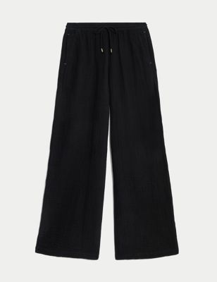 Pure Cotton Textured Wide Leg Trousers Image 2 of 5