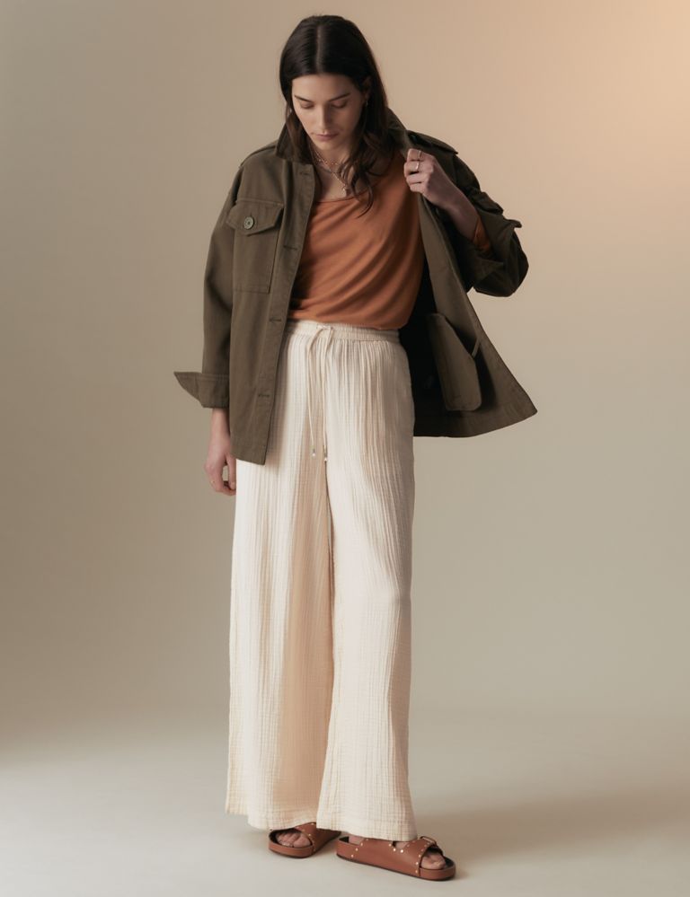 Pure Cotton Textured Wide Leg Trousers 1 of 5