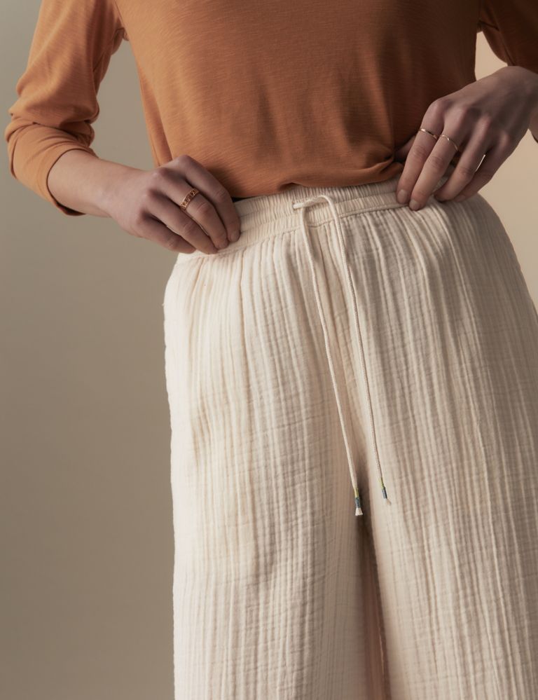Pure Cotton Textured Wide Leg Trousers 3 of 5
