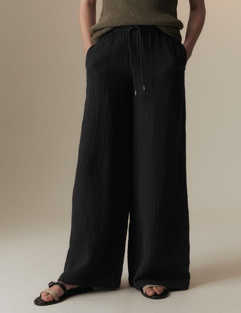Pure Cotton Textured Wide Leg Trousers 4 of 5