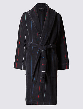 Pure Cotton Thermal Velour Jacquard Striped Dressing Gown Image 2 of 4