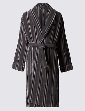 Pure Cotton Thermal Velour Striped Dressing Gown Image 2 of 4