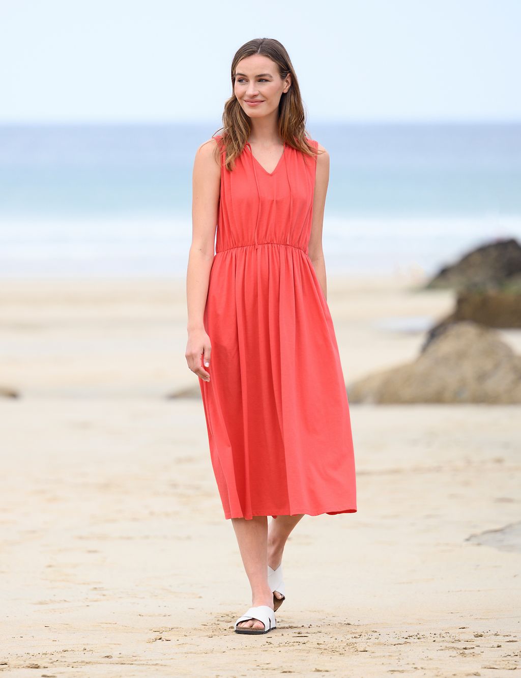 Pure Cotton Tie Neck Midi Waisted Dress 3 of 4